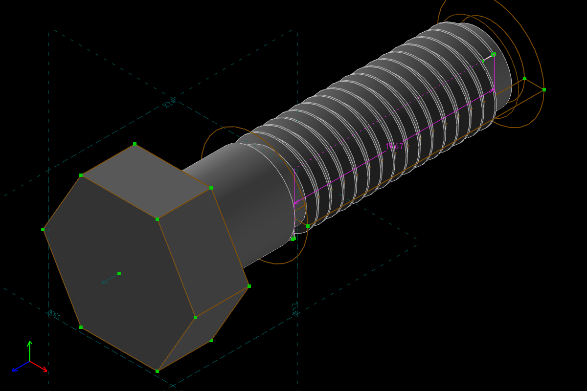 An M8×30 bolt with a modelled screw thread in TeleSAPR's graphics window